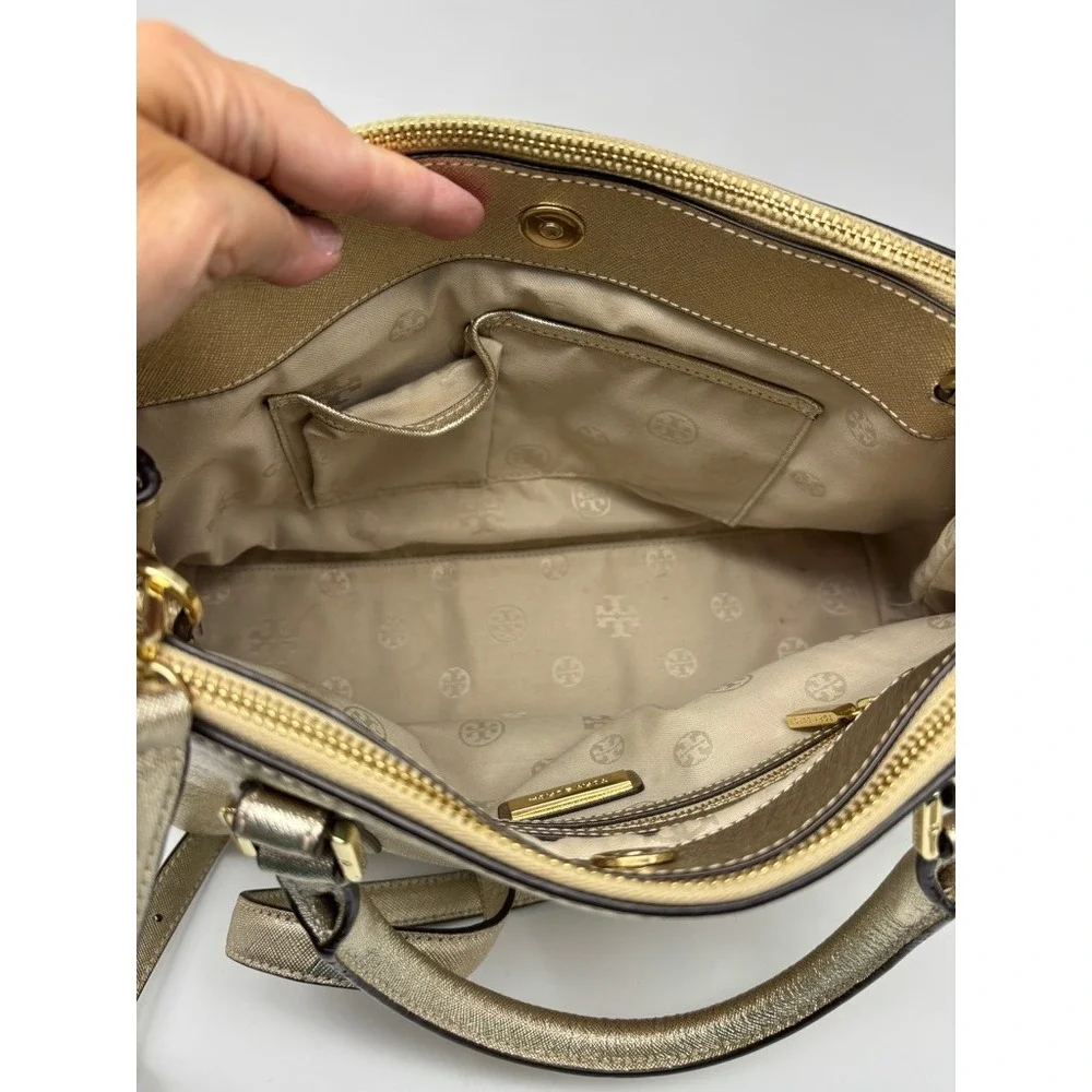 Tory Burch Robinson Satchel Medium Gold Metallic Saffiano Leather Bag
